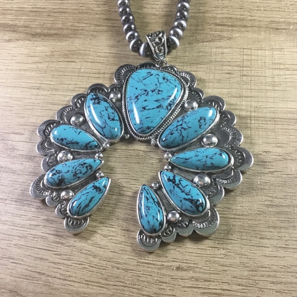 Turquoise and Silver Beaded Necklace With Large Squash Blossom Pendant - Picture 7 of 7